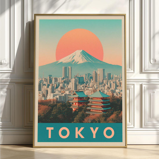 Tokyo Travel Poster Print - Retro Japan Wall Art with Mount Fuji Skyline