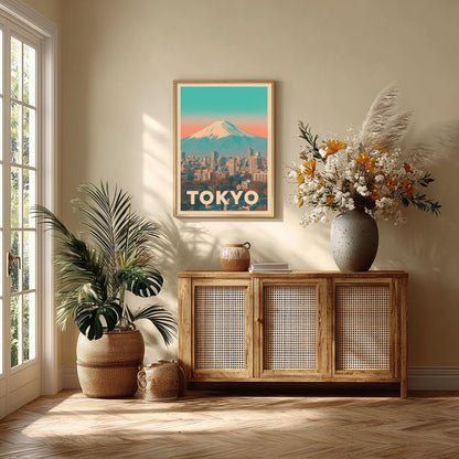 Tokyo Wall Art Print - Mount Fuji Cityscape Poster, Retro Travel Style