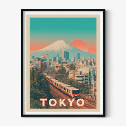 Tokyo Travel Poster Print - Retro Mt Fuji Wall Art - Japan Cityscape Decor