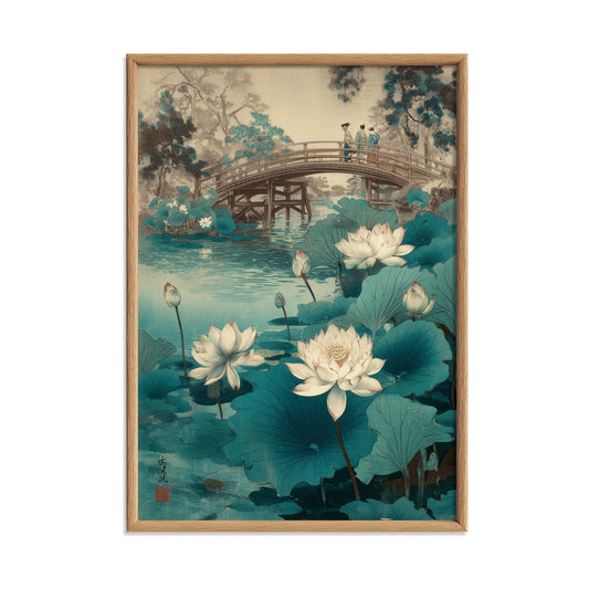 Lotus pond art print - Japanese bridge landscape wall decor