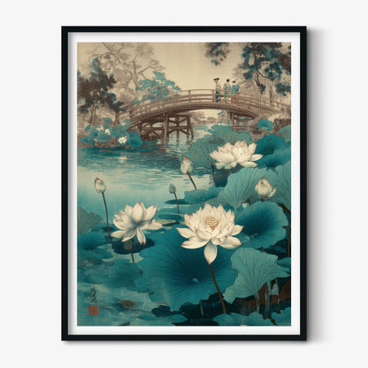 Lotus pond art print - Japanese bridge landscape wall decor
