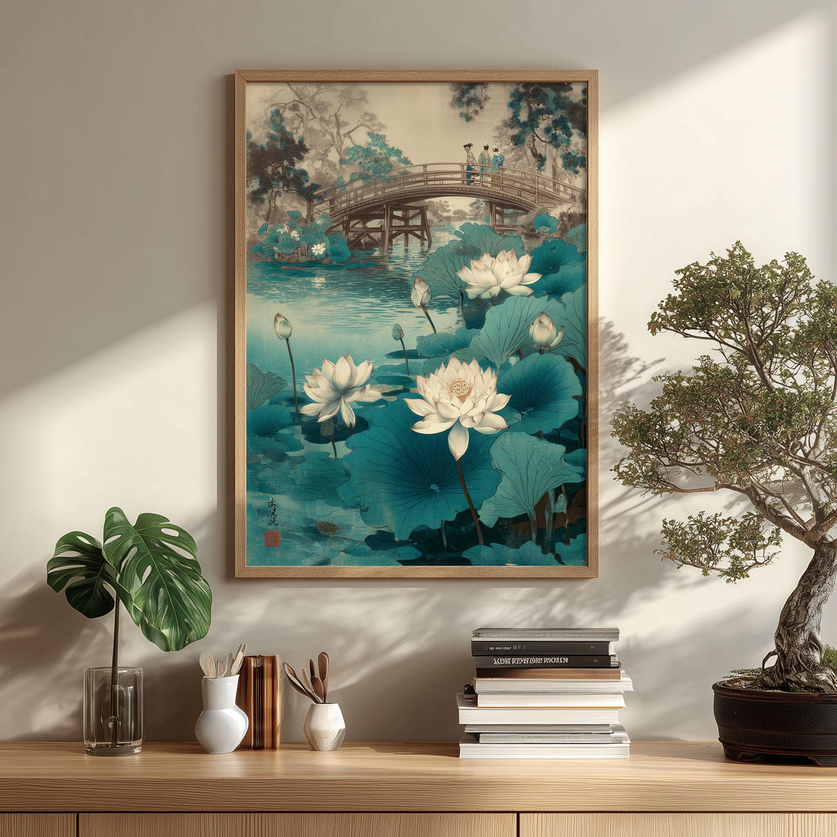Lotus pond art print - Japanese bridge landscape wall decor