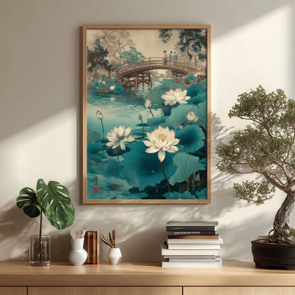 Lotus pond art print - Japanese bridge landscape wall decor