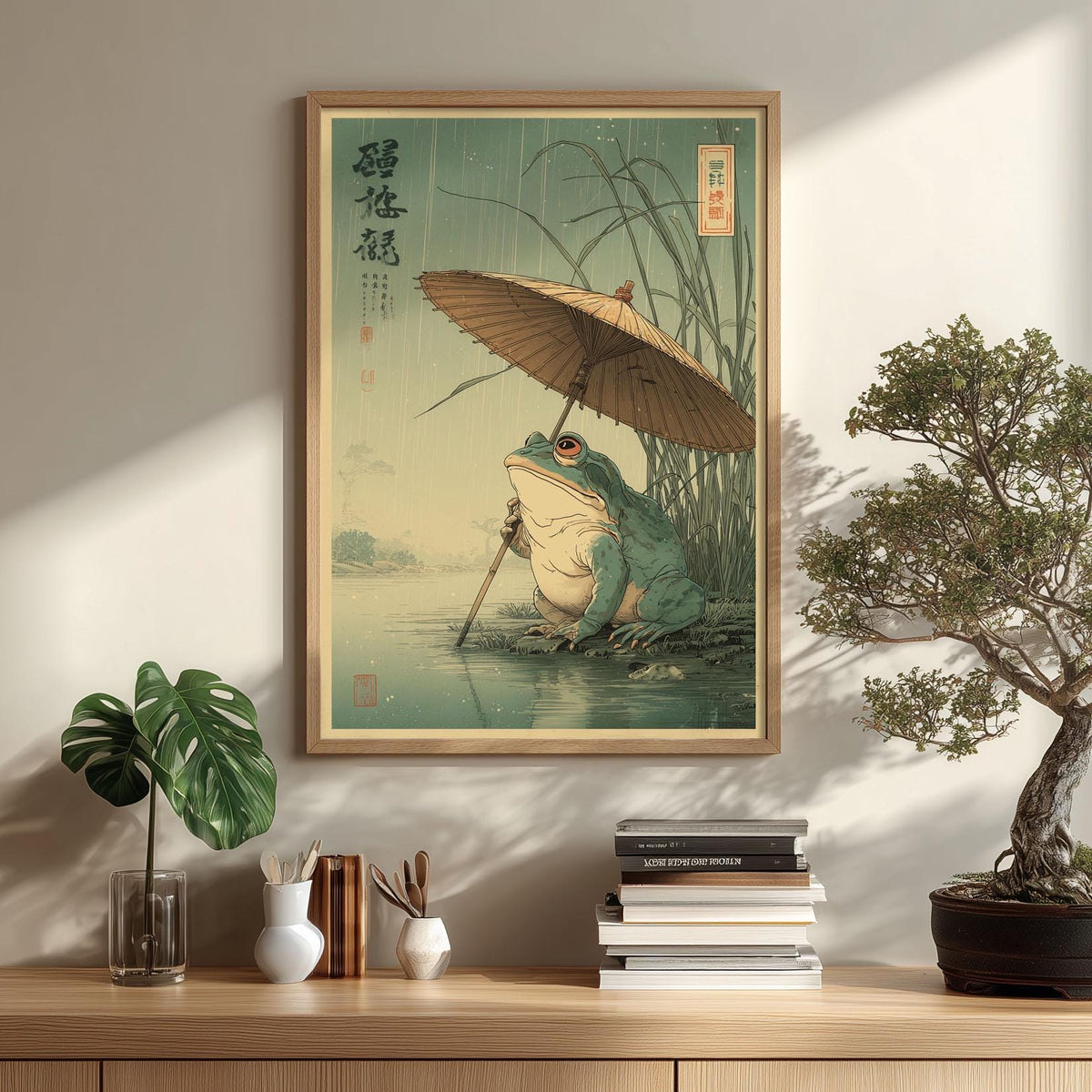 Frog with Umbrella Art Print - Japanese style wall decor, rainy pond illustration