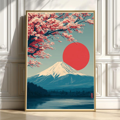 Mount Fuji Print - Japanese Wall Art with Red Sun and Cherry Blossoms