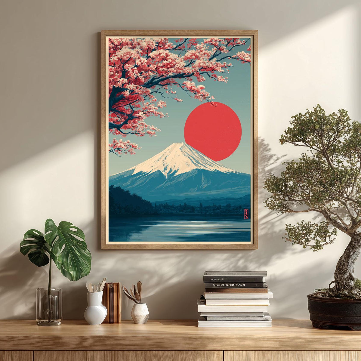 Mount Fuji Print - Japanese Wall Art with Red Sun and Cherry Blossoms