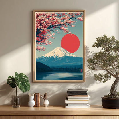 Mount Fuji Print - Japanese Wall Art with Red Sun and Cherry Blossoms