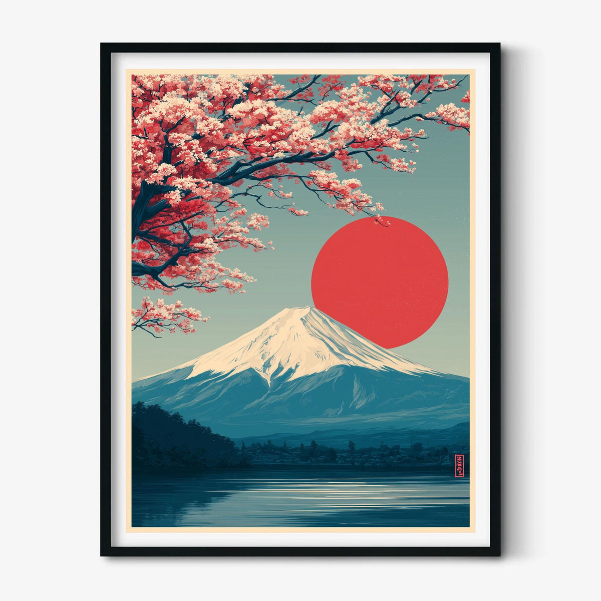 Mount Fuji Print - Japanese Wall Art with Red Sun and Cherry Blossoms