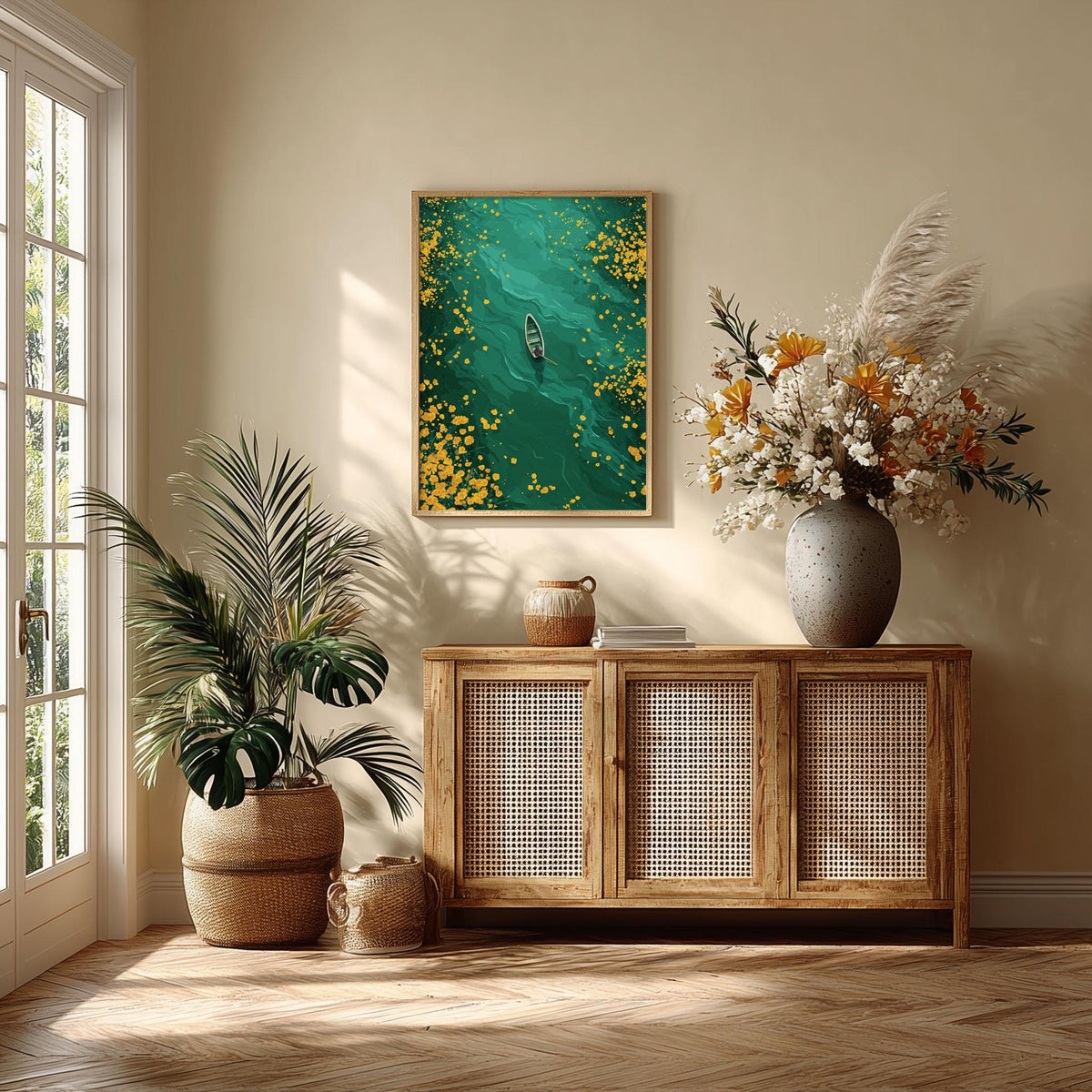 Boat on Emerald Lake Art Print | teal green wall art | modern landscape poster