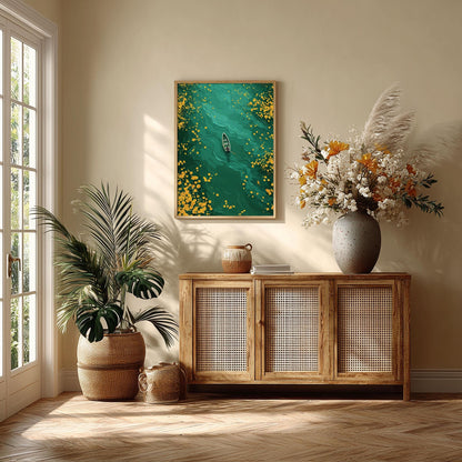 Boat on Emerald Lake Art Print | teal green wall art | modern landscape poster
