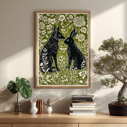 Fox and Hare Linocut Print | Woodland Animal Art Poster | Green Floral Illustration