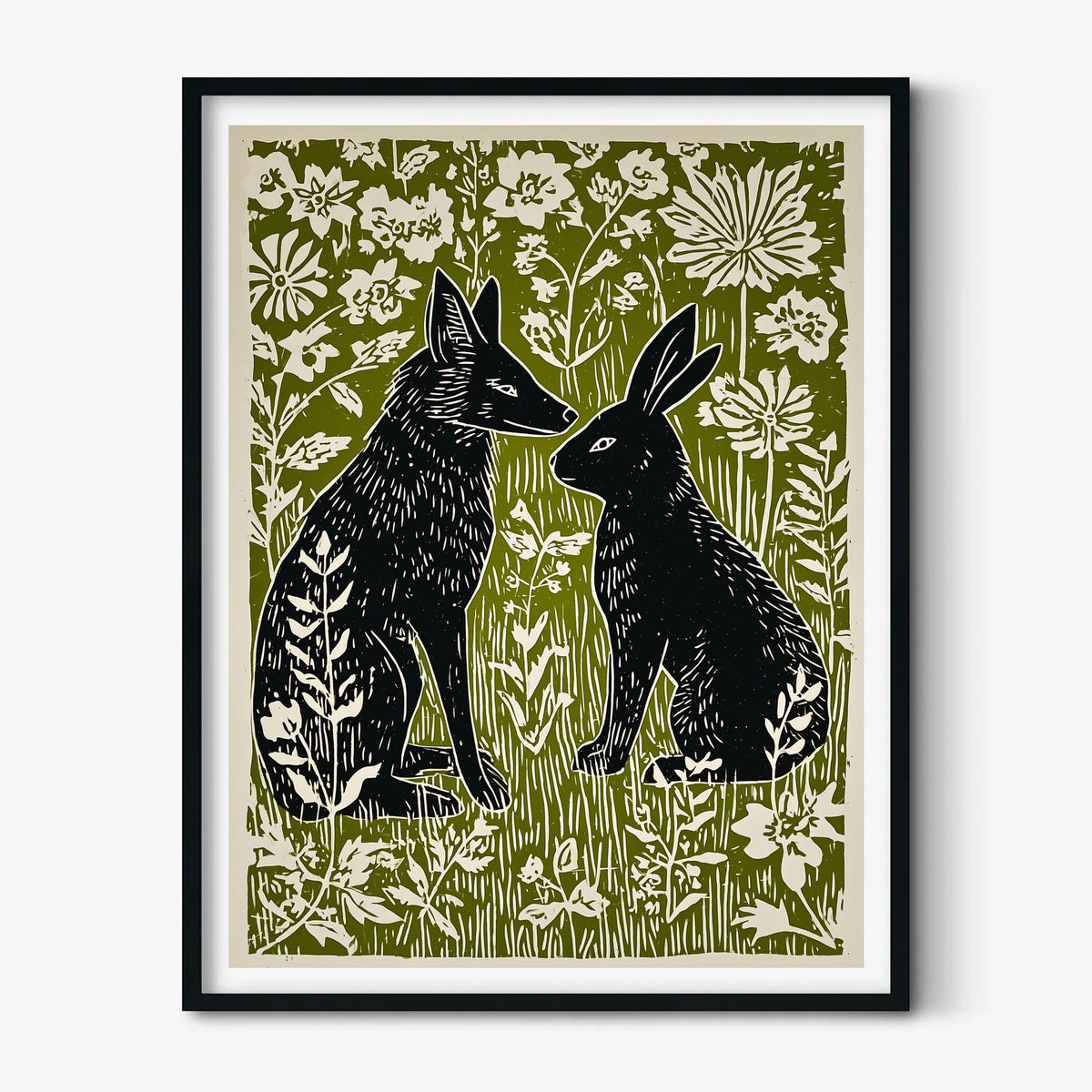 Fox and Hare Linocut Print | Woodland Animal Art Poster | Green Floral Illustration