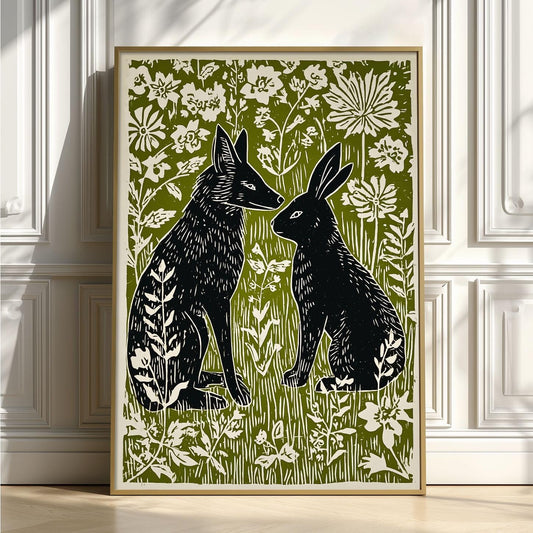 Fox and Hare Linocut Print | Woodland Animal Art Poster | Green Floral Illustration