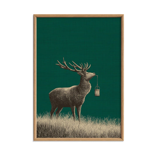 Deer wall art print | stag with lantern illustration | emerald green wildlife decor