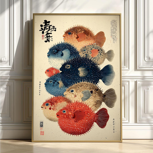 Japanese puffer fish art print | vintage ukiyo-e style wall decor