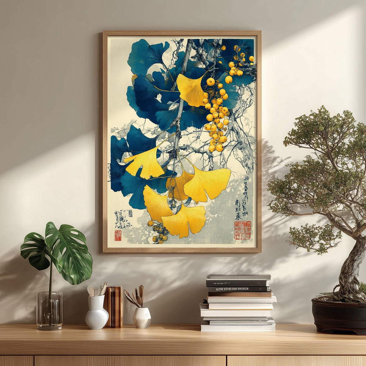 Ginkgo botanical print | Japanese art wall decor | Blue gold leaves poster