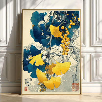 Ginkgo botanical print | Japanese art wall decor | Blue gold leaves poster