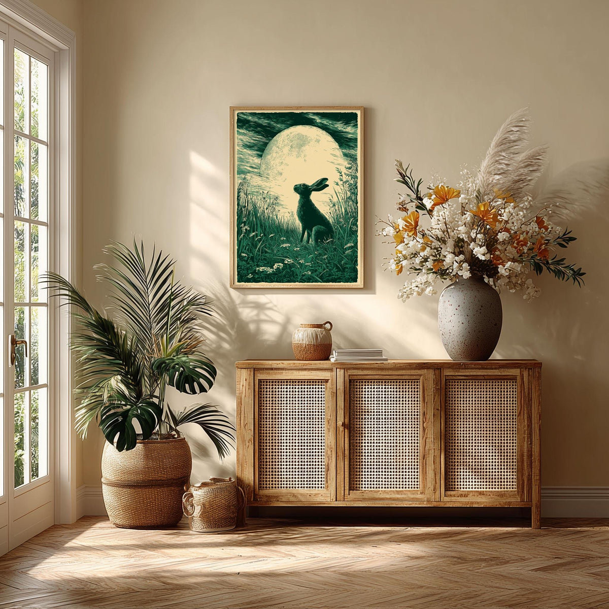 Moonlit hare art print | woodland wall art | teal green night sky