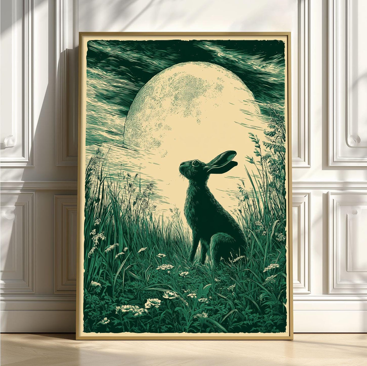 Moonlit hare art print - woodland wall decor - green nocturne illustration