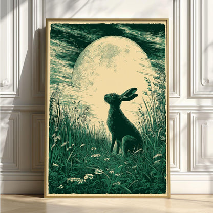 Moonlit hare art print - woodland wall decor - green nocturne illustration