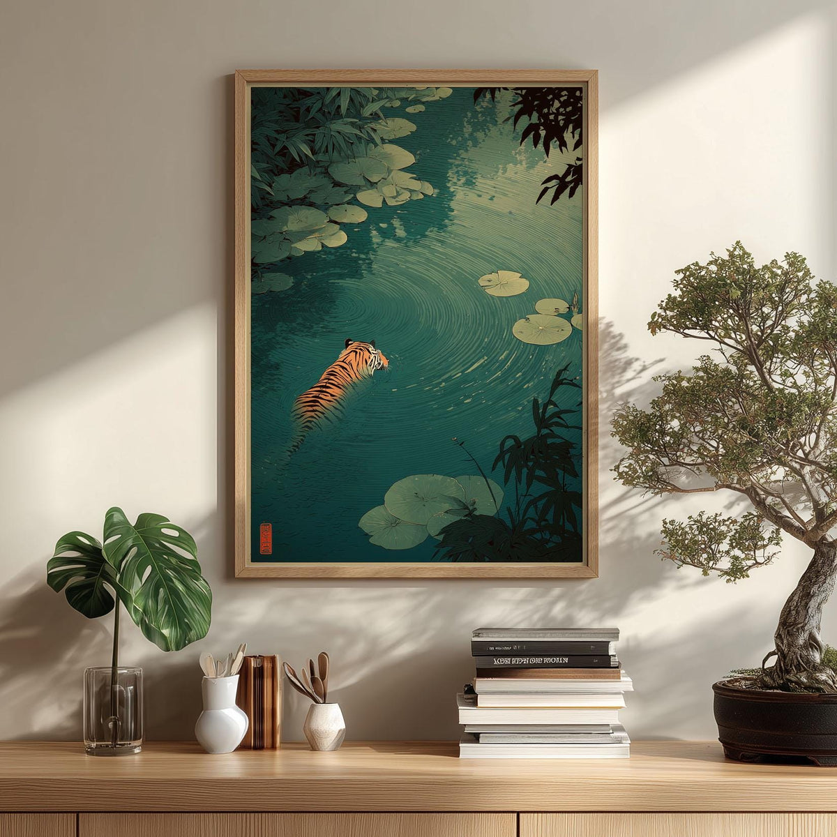 Jungle tiger poster | Calm water lily pond print | Minimal nature wall art