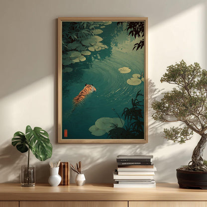 Jungle tiger poster | Calm water lily pond print | Minimal nature wall art