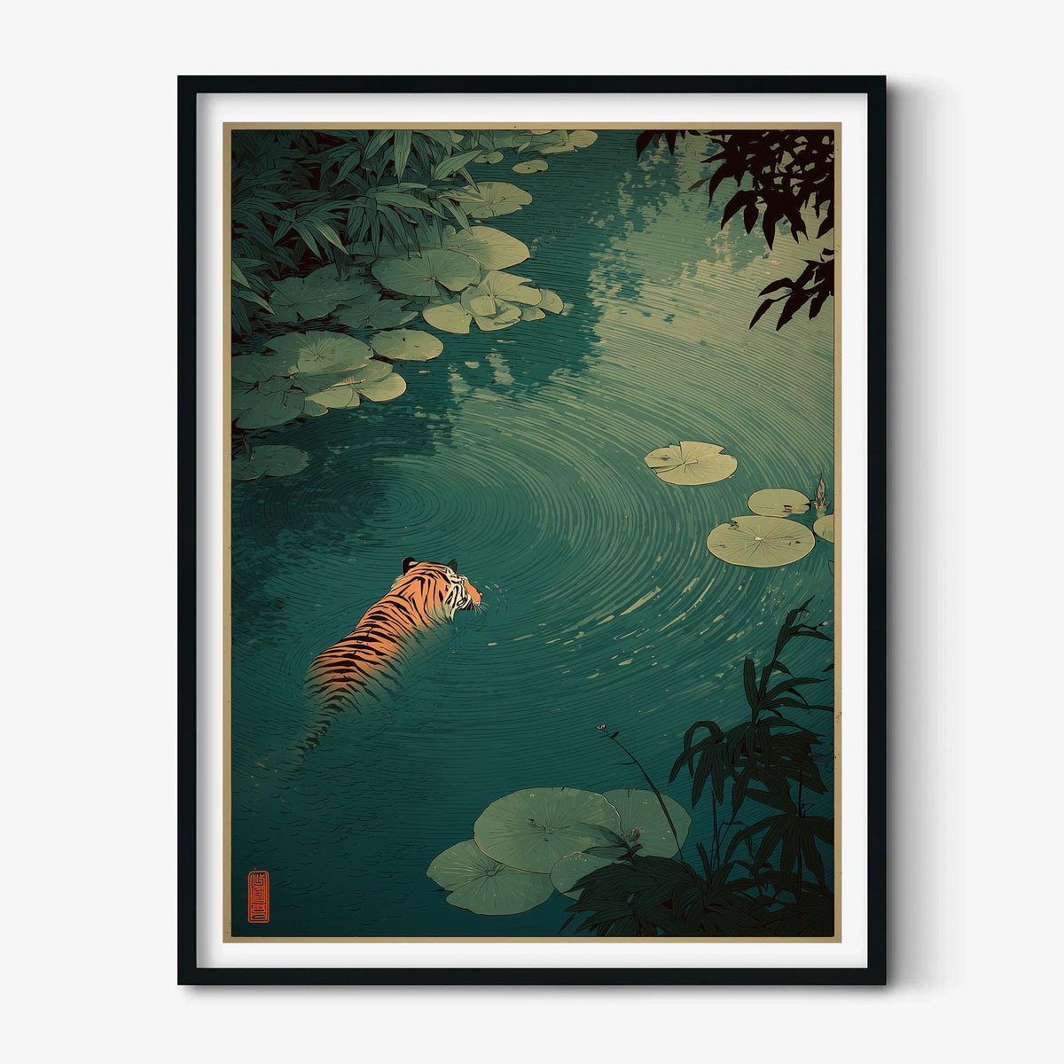 Jungle tiger poster | Calm water lily pond print | Minimal nature wall art