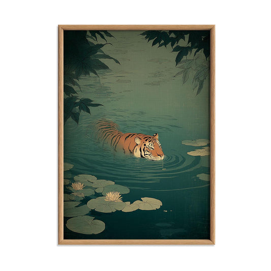 Tiger wall art print | vintage-style jungle illustration | teal green decor
