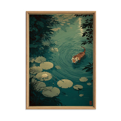 Swimming tiger poster- serene lily pond illustration wall decor