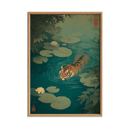 Japanese tiger art print - ukiyo-e style wall decor, lily pond illustration