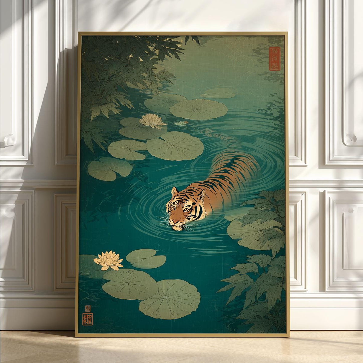 Japanese tiger art print - ukiyo-e style wall decor, lily pond illustration