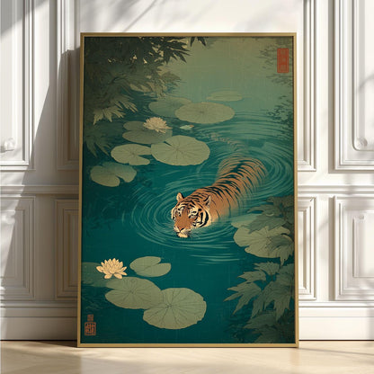 Japanese tiger art print - ukiyo-e style wall decor, lily pond illustration