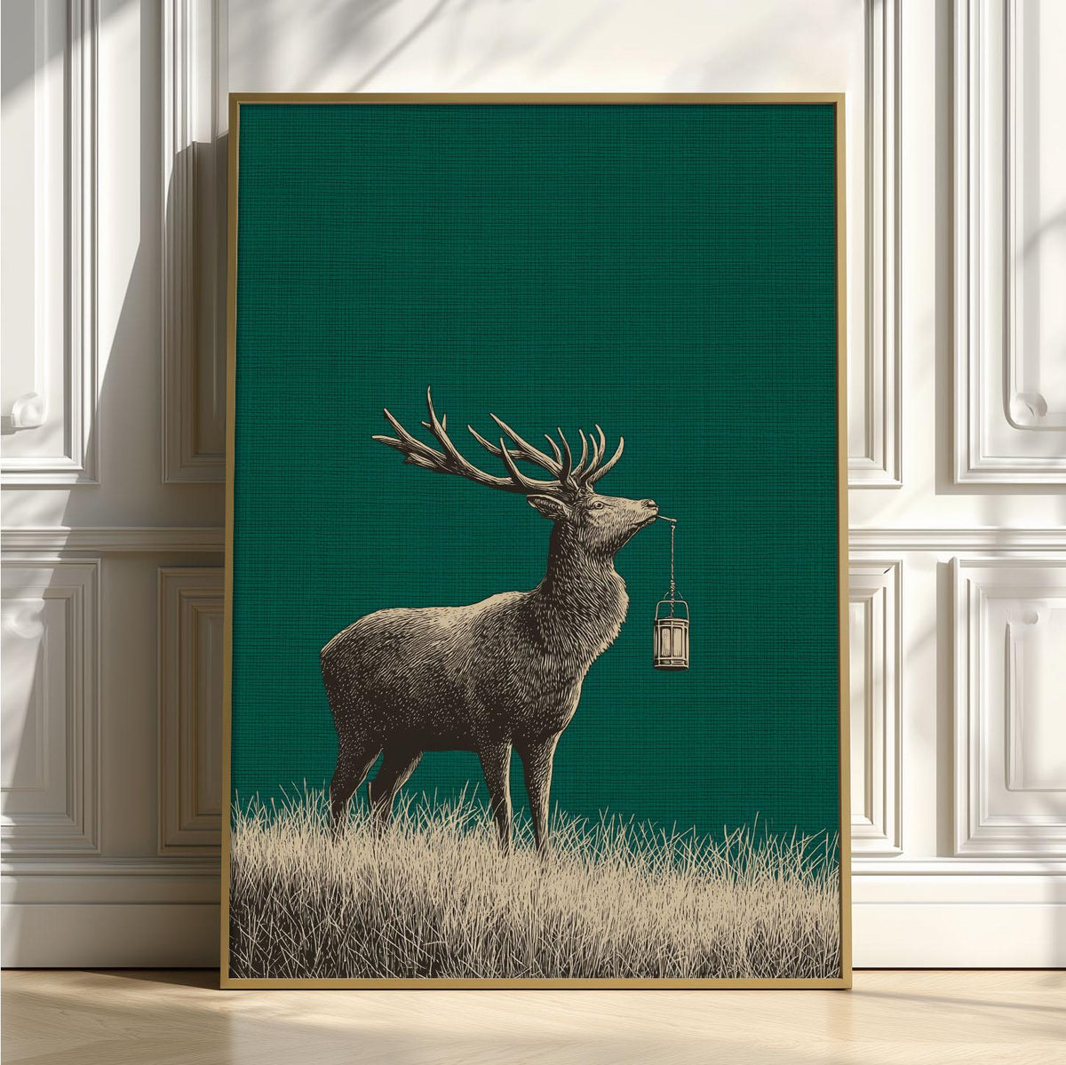 Stag wall art print - vintage woodland deer with lantern on green