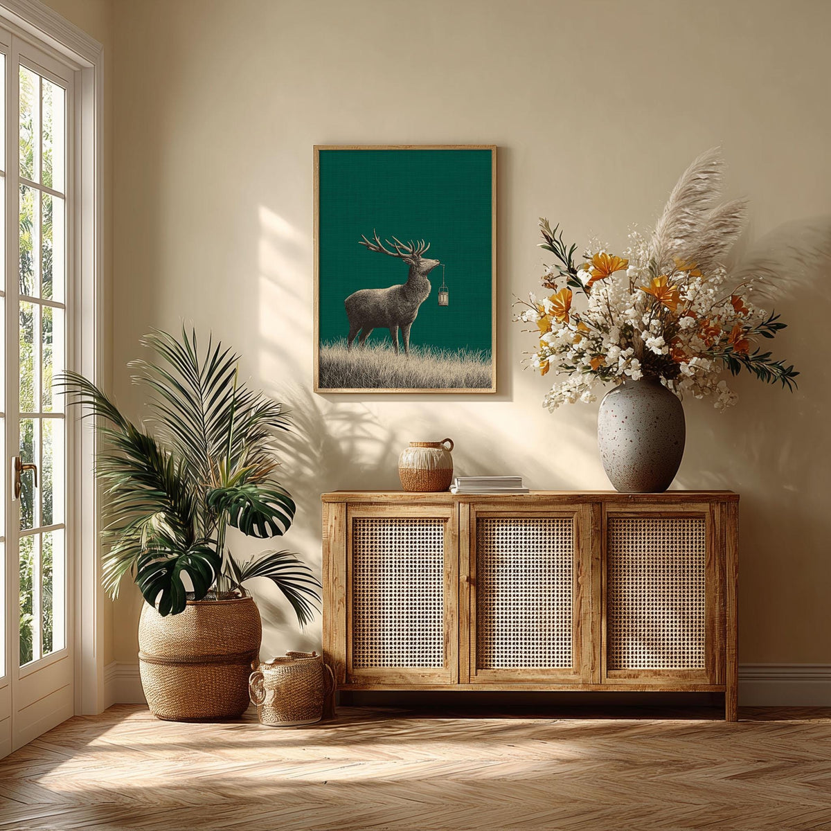 Stag wall art print - vintage woodland deer with lantern on green