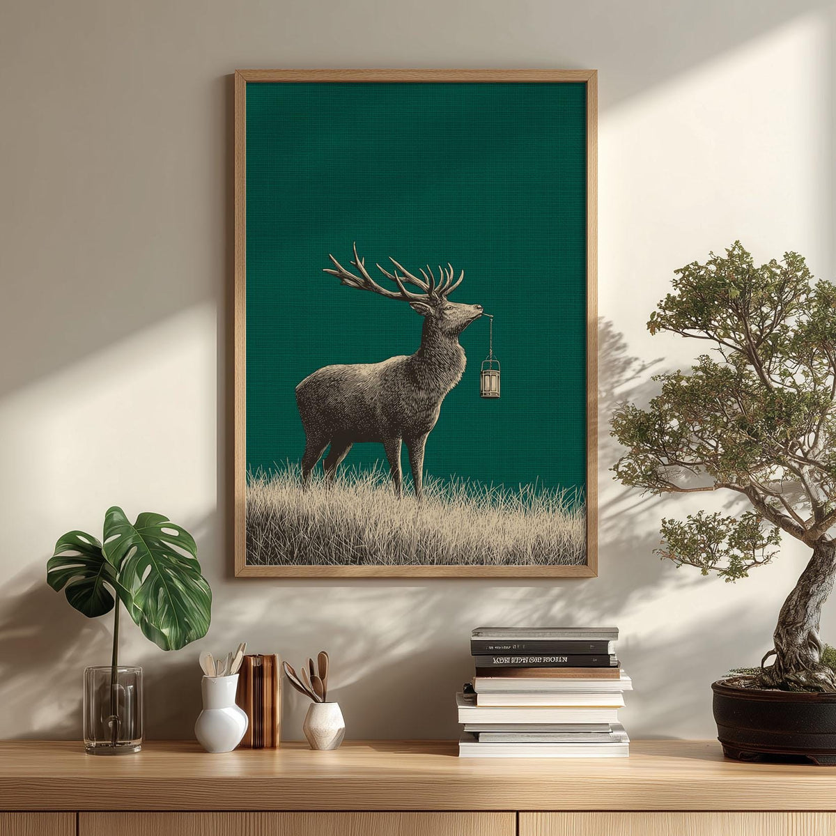 Stag wall art print - vintage woodland deer with lantern on green
