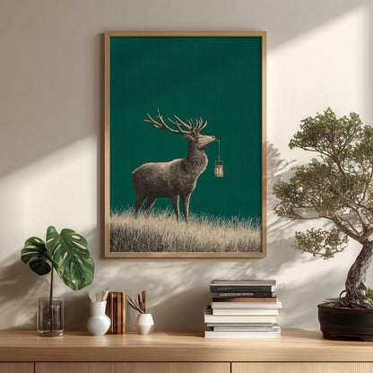 Stag wall art print - vintage woodland deer with lantern on green