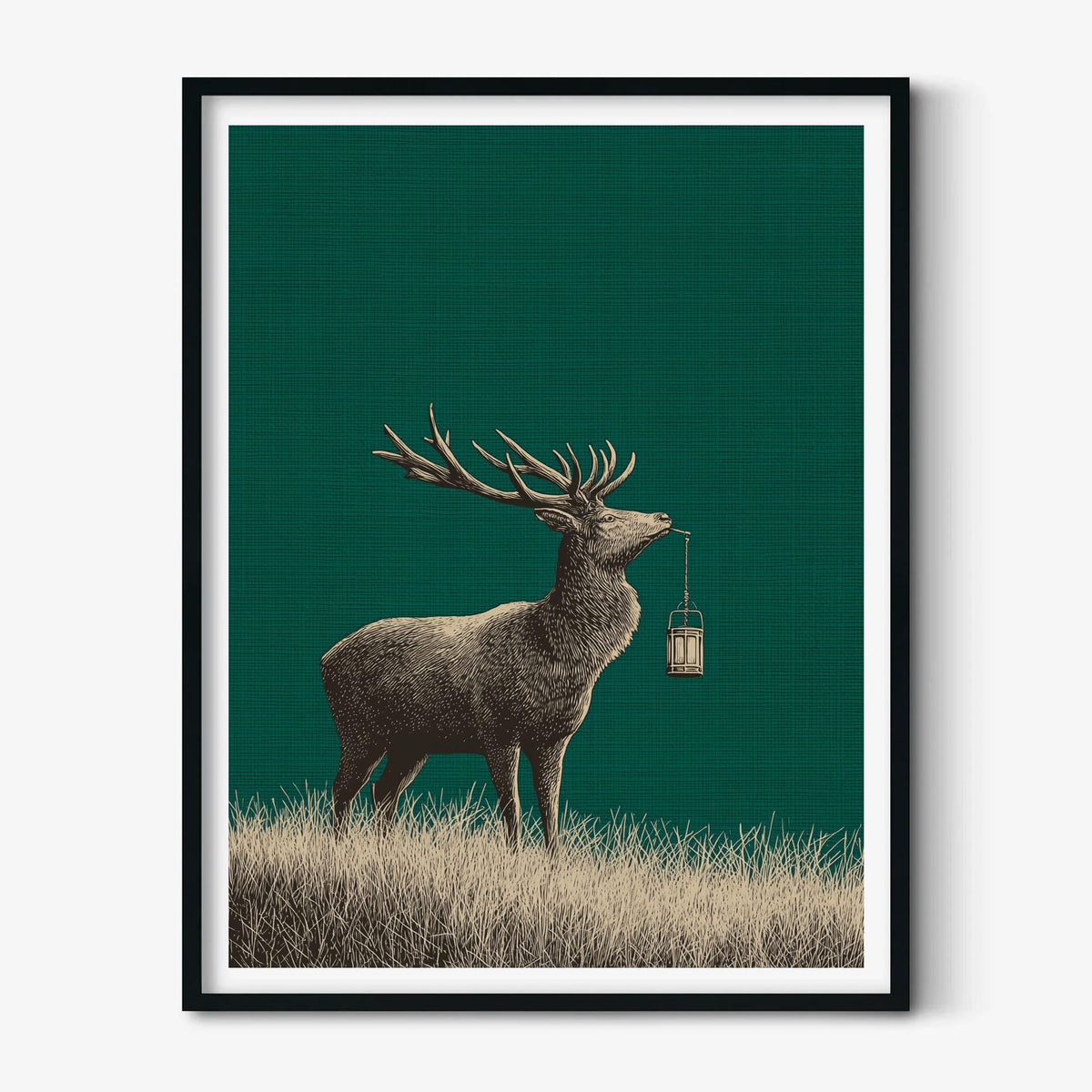 Stag wall art print - vintage woodland deer with lantern on green