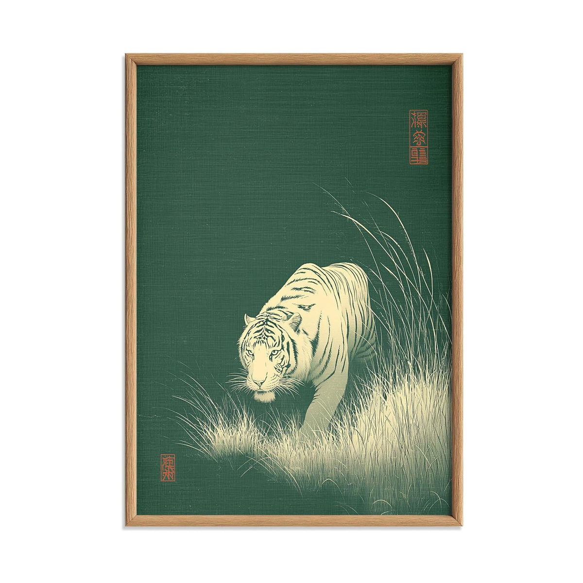 Tiger art print, Japanese style illustration, green wall art