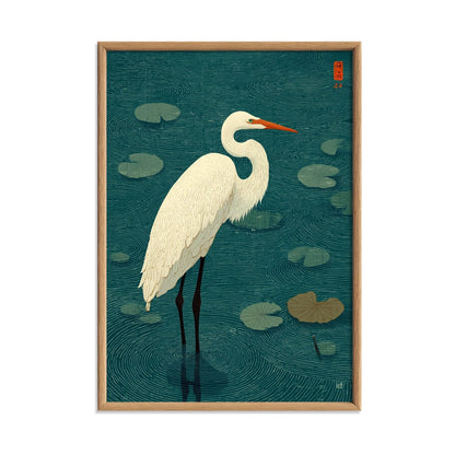 Crane art print, Japanese style bird wall art, teal lily pond illustration
