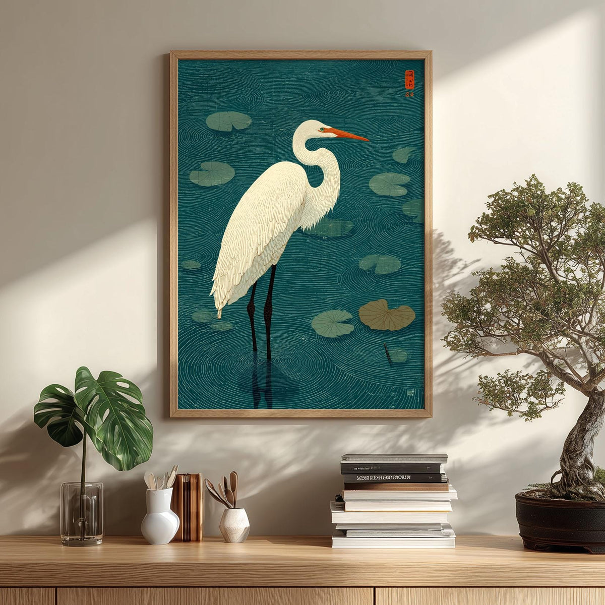 Crane art print, Japanese style bird wall art, teal lily pond illustration