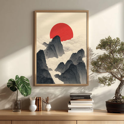 Japanese Sun and Mountains Print, Minimalist Wall Art, Red Rising Sun Poster