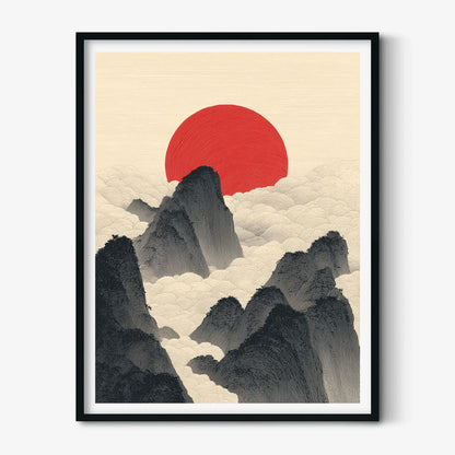 Japanese Sun and Mountains Print, Minimalist Wall Art, Red Rising Sun Poster