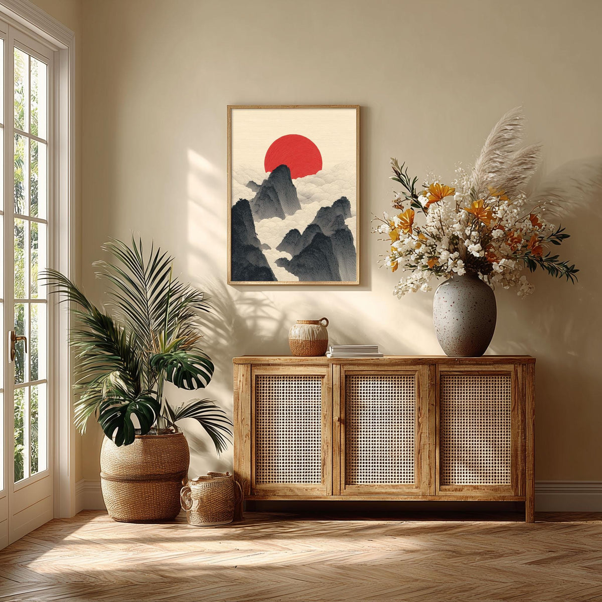 Japanese Sun and Mountains Print, Minimalist Wall Art, Red Rising Sun Poster