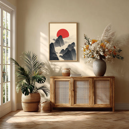 Japanese Sun and Mountains Print, Minimalist Wall Art, Red Rising Sun Poster