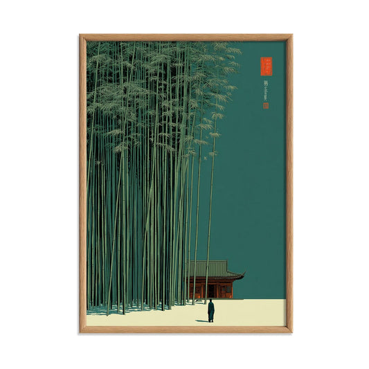 Bamboo Forest Print, Minimalist Asian Wall Art, Teal Green Landscape Illustration