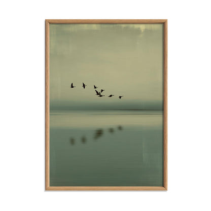 Minimal Japandi Pall print, Tranquil Seascape with Birds, Modern Neutral Décor