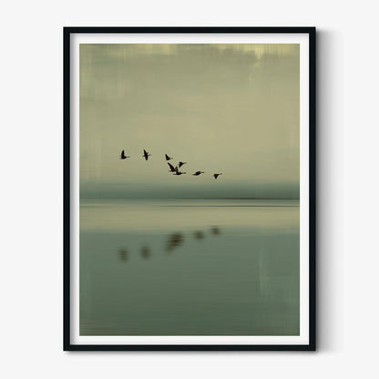 Minimal Japandi Pall print, Tranquil Seascape with Birds, Modern Neutral Décor