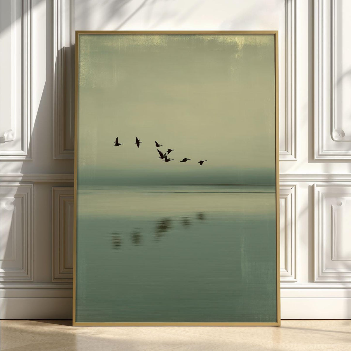 Minimal Japandi Pall print, Tranquil Seascape with Birds, Modern Neutral Décor