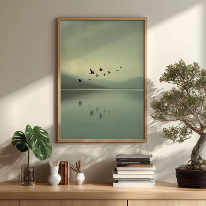 Birds Over Calm Lake Poster - Minimalist Wall Art, Soft Green Landscape Print