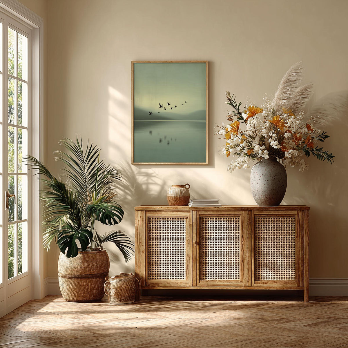 Birds Over Calm Lake Poster - Minimalist Wall Art, Soft Green Landscape Print